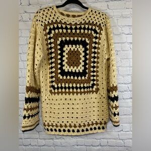 Handcrafted Crochet Cream Black Brown Boho Granny Square Open Knit Sweater M
